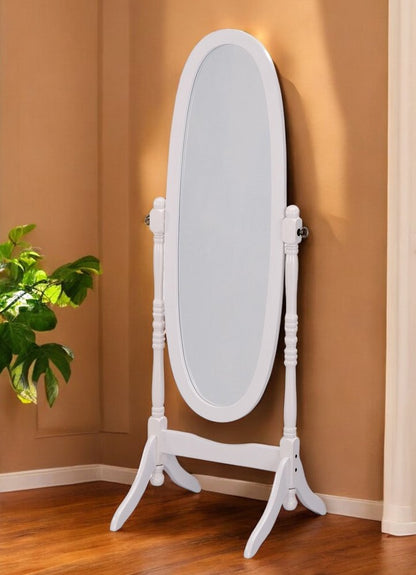 60" White Oval Wood Framed Freestanding Cheval Mirror