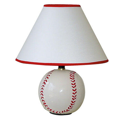 12" White and Red Ceramic Baseball Sports Table Lamp With White and Red Empire Shade