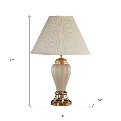 27" Ivory and Gold Ceramic Urn Table Lamp With Off White Empire Shade