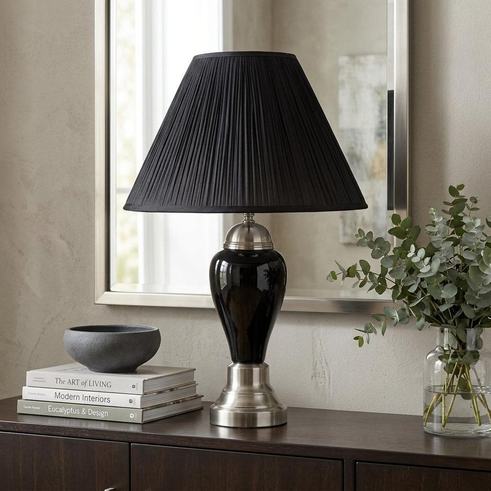 27" Black and Silver Ceramic Urn Table Lamp With Black Empire Shade