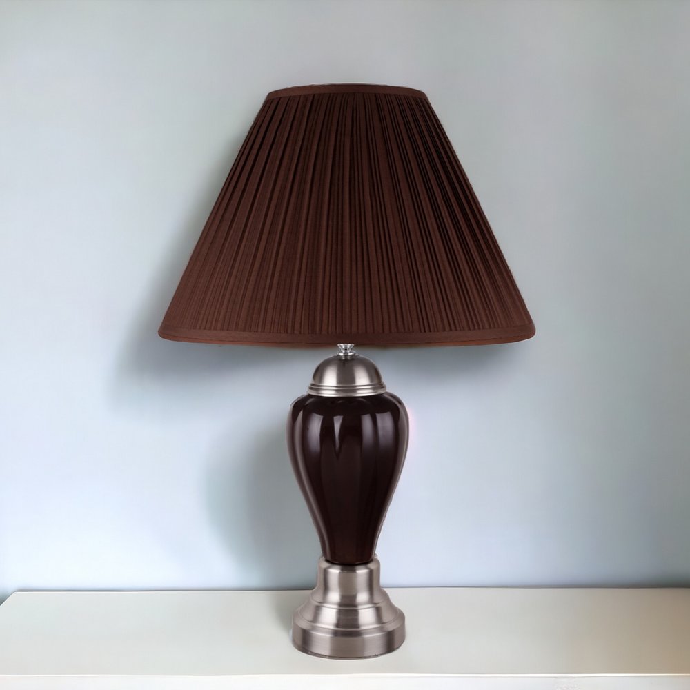 27" Ivory and Silver Ceramic Urn Table Lamp With White Empire Shade