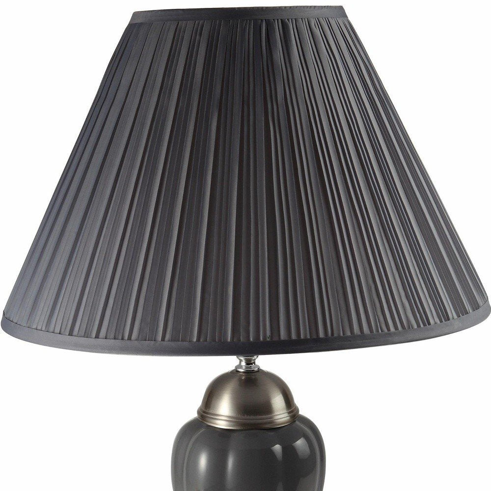 27" Ivory and Silver Ceramic Urn Table Lamp With White Empire Shade
