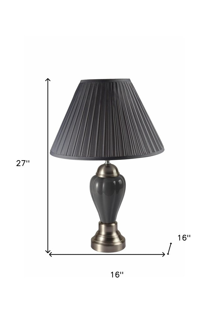 27" Ivory and Silver Ceramic Urn Table Lamp With White Empire Shade