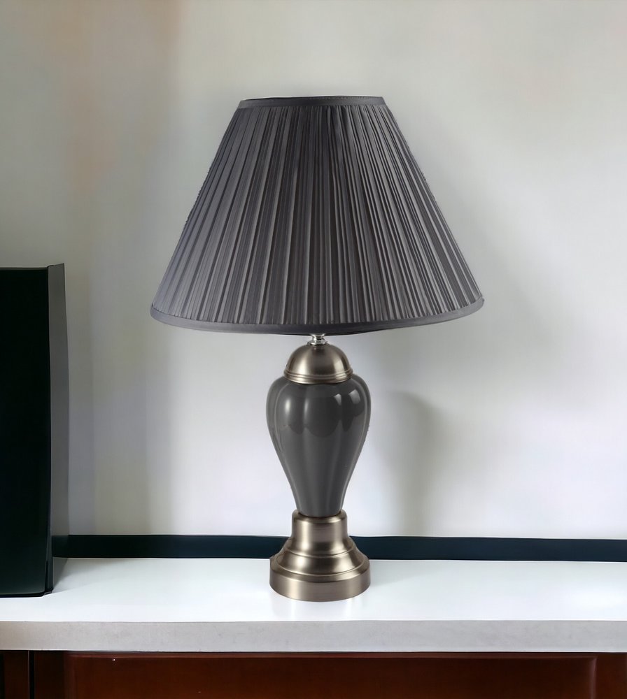 27" Ivory and Silver Ceramic Urn Table Lamp With White Empire Shade