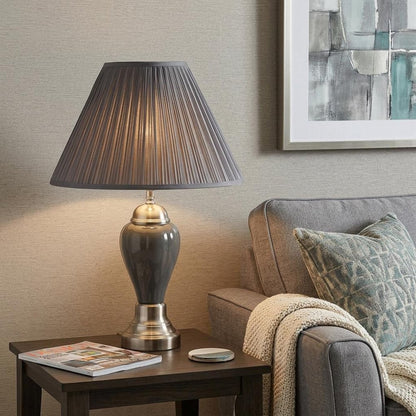 27" Silver Ceramic Urn Bedside Table Lamp With Brown Empire Shade