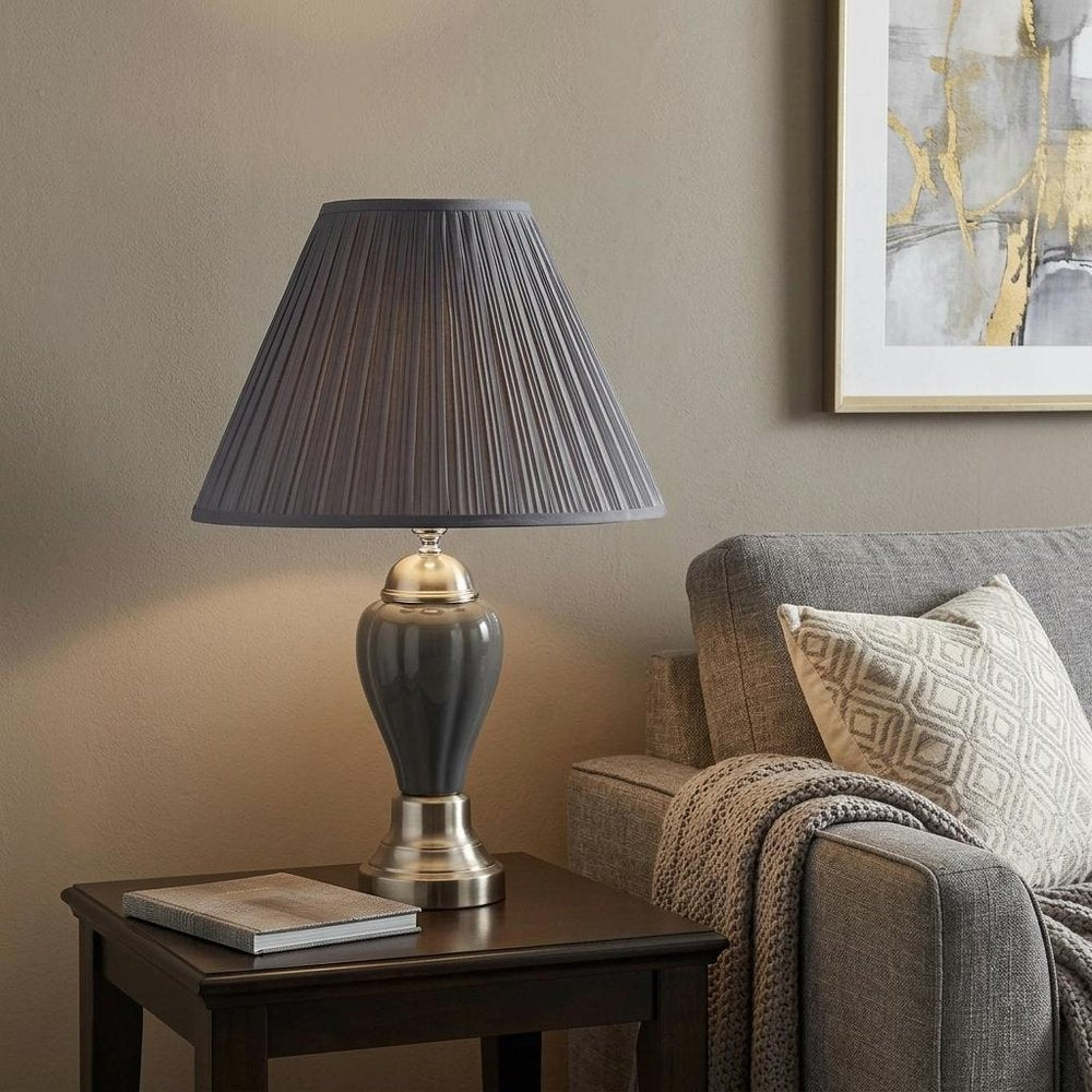 27" Gray and Silver Metal Urn Table Lamp With Gray Empire Shade