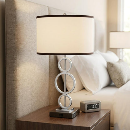 29" Silver Metal Bedside Geo Table Lamp With White and Black Trim Classic Drum Shade