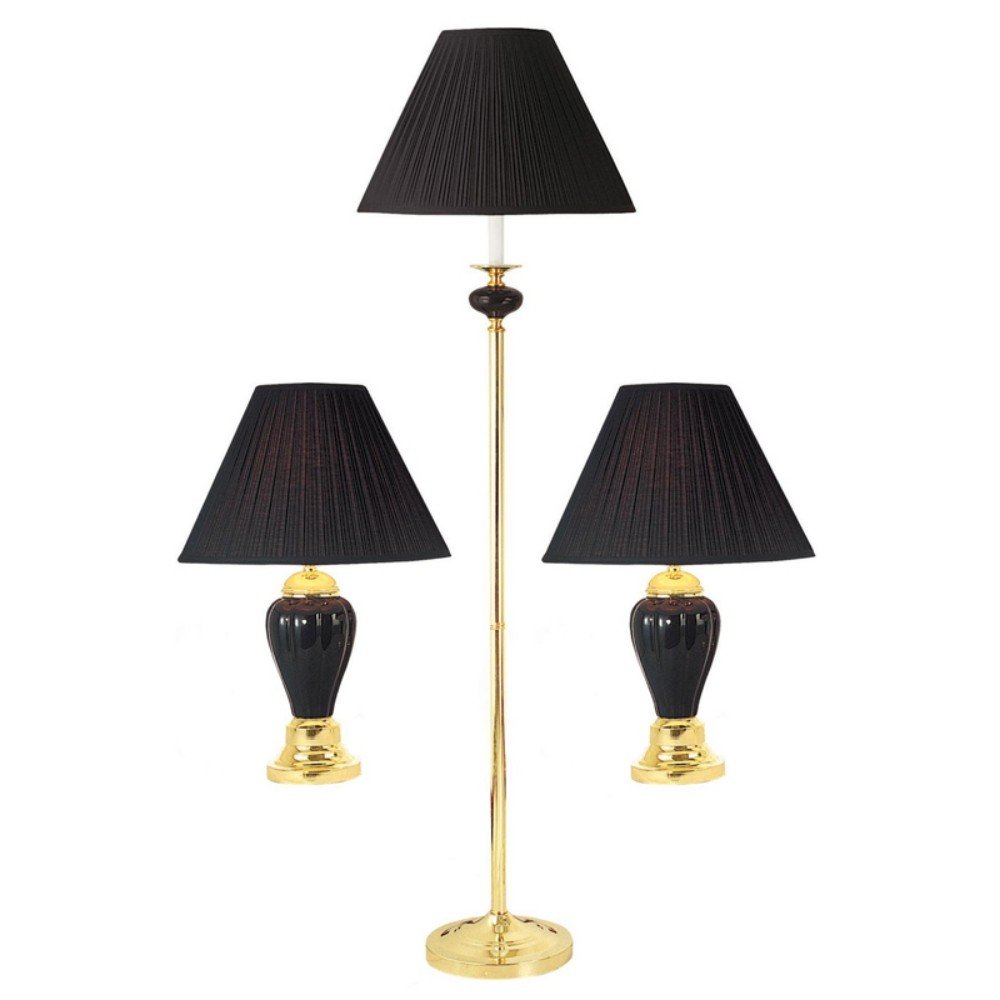 Set Of Three 64" Gold and White Ceramic Bedside Floor and Table Lamp Set With Off White Empire Shade
