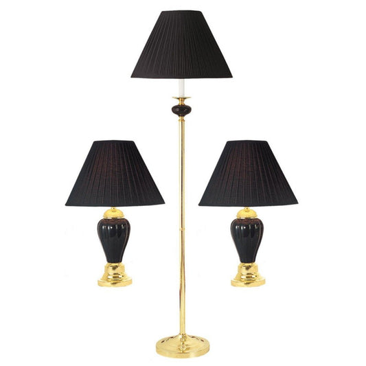 Set Of Three 64" Gold and White Ceramic Bedside Floor and Table Lamp Set With Off White Empire Shade