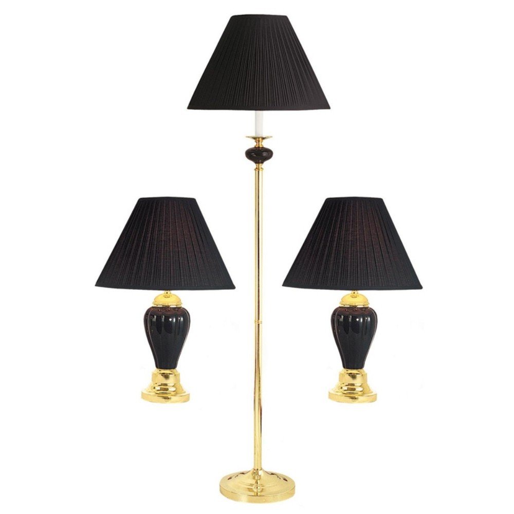 Set Of Three 64" Gold and White Ceramic Bedside Floor and Table Lamp Set With Off White Empire Shade