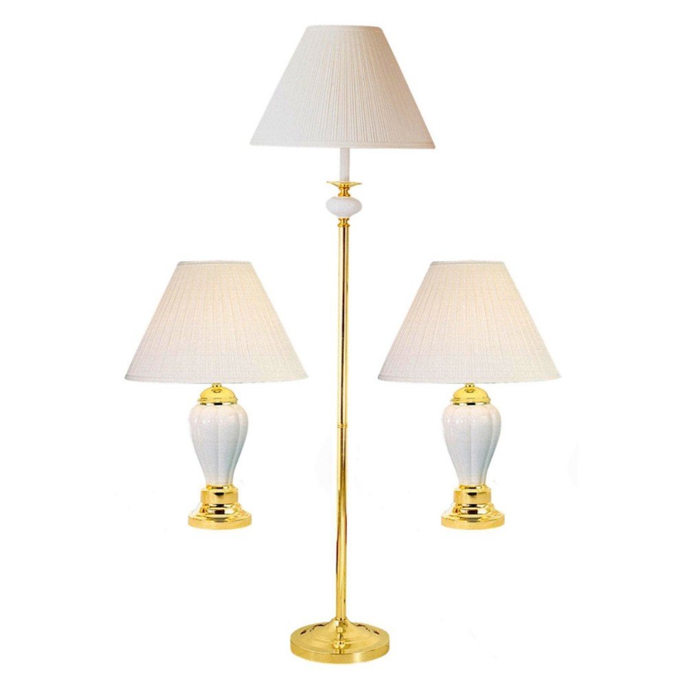 Set Of Three 64" Gold and White Ceramic Bedside Floor and Table Lamp Set With Off White Empire Shade