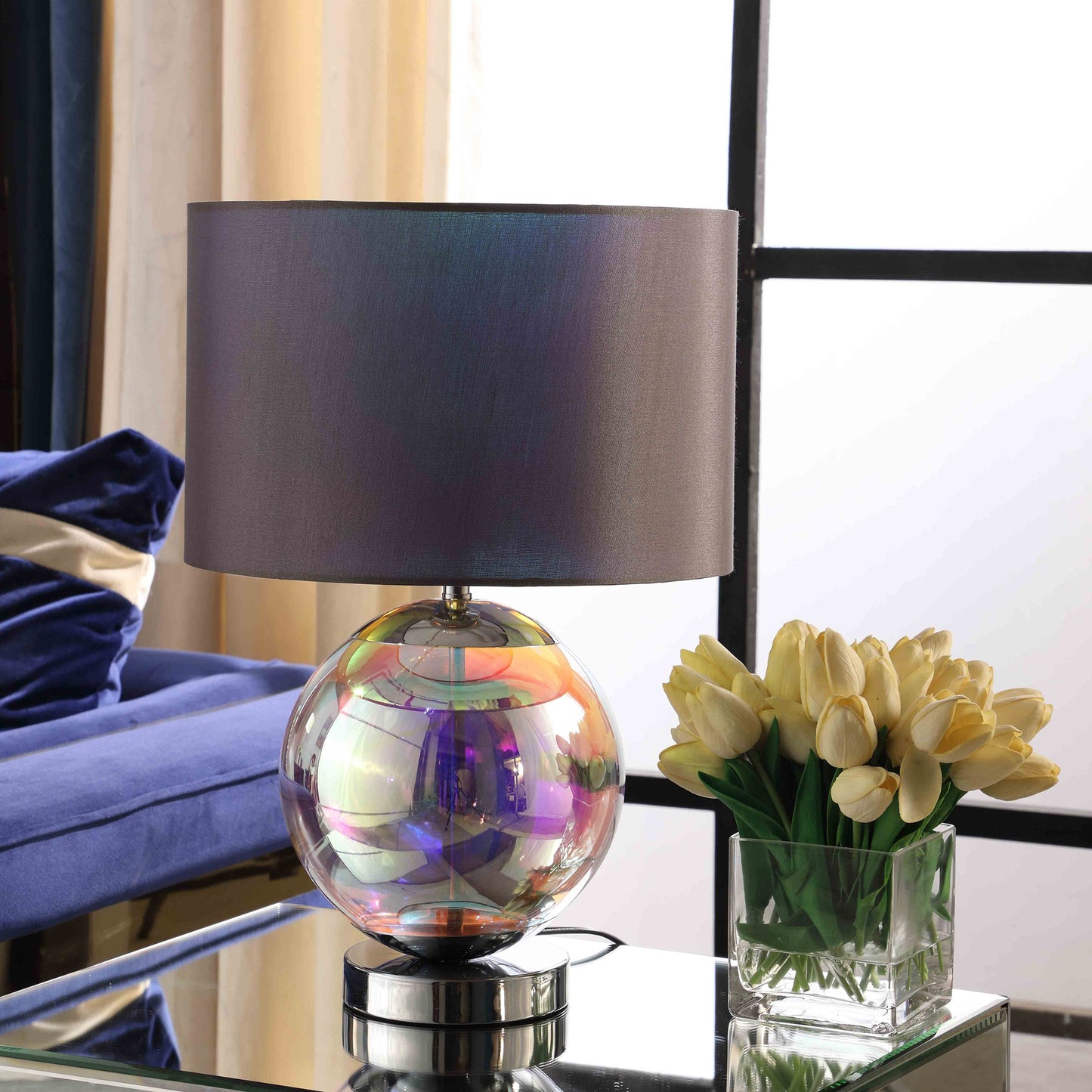 19" Iridescent Glass Globe Table Lamp With Gray Classic Drum Shade