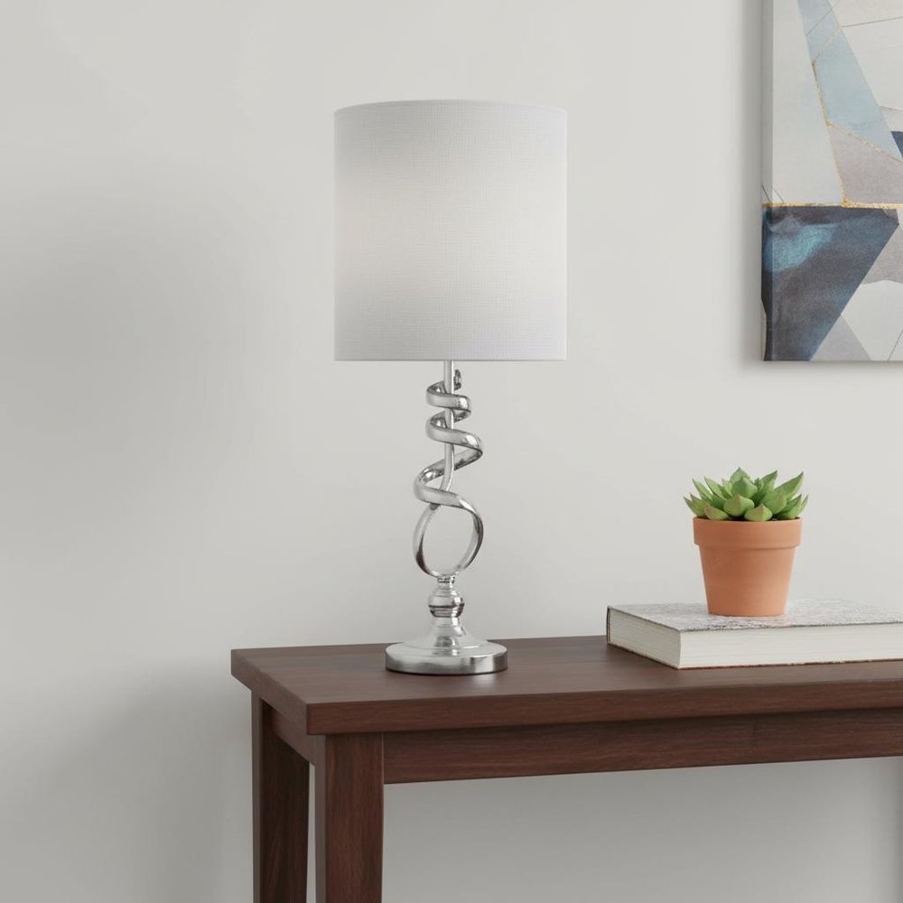 22" Nickel Bedside Table Lamp With Off White Drum Shade