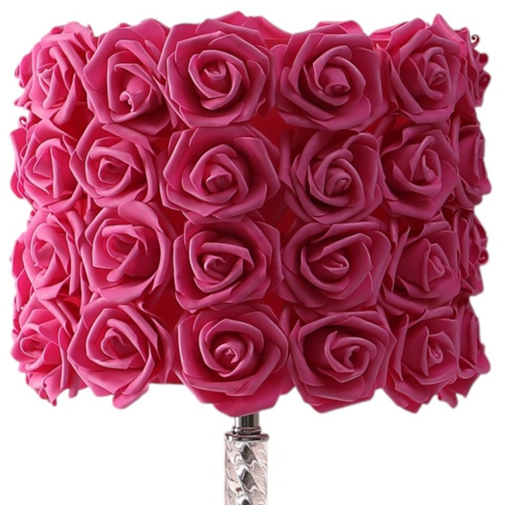 18" Silver Bedside Led Table Lamp With Red Flowers Drum Shade
