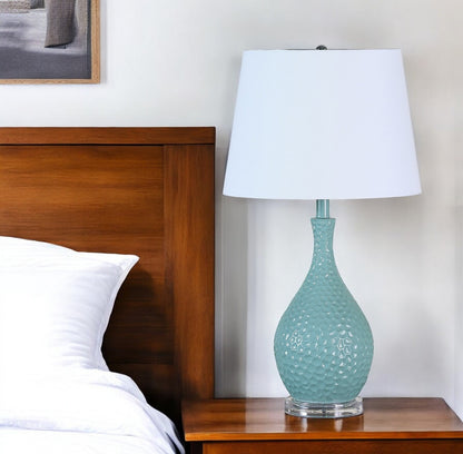 28" Aqua Hammered Urn Table Lamp With White Tapered Drum Shade