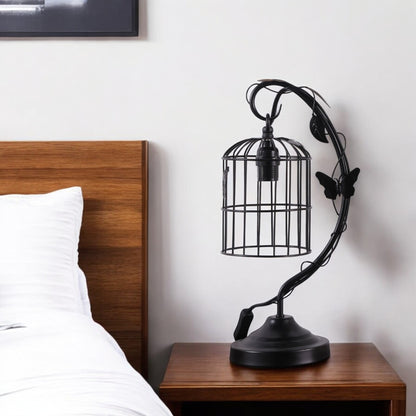 18" Black Bedside Table Lamp With Black Cage Shade