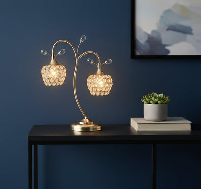 17" Gold Two Light Bedside Table Lamp With Clear Novelty Shade