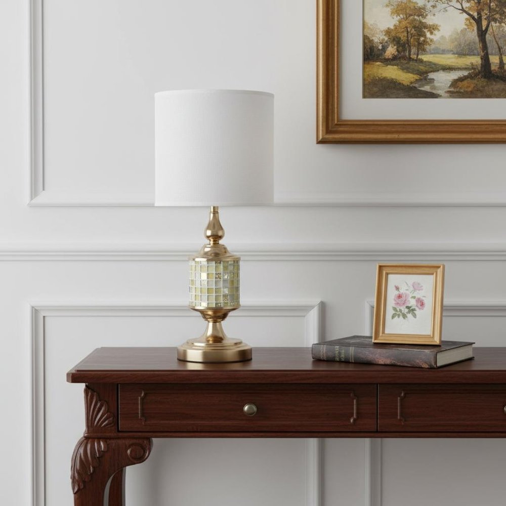 23" Gold Bedside Table Lamp With White Drum Shade