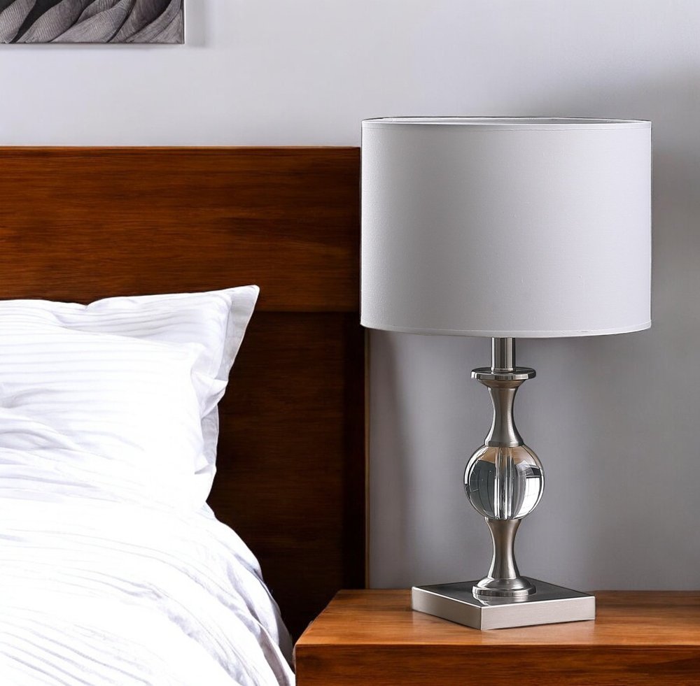 20" Silver Bedside Table Lamp With White Drum Shade