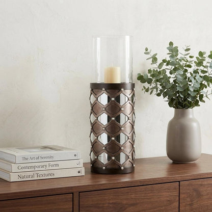 31" Bronze and Silver with Pearls Floor Hurricane Candle Holder