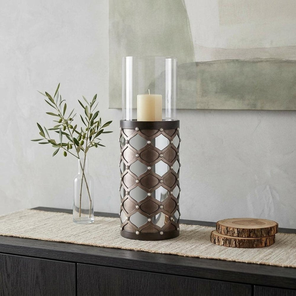 31" Bronze and Silver with Pearls Floor Hurricane Candle Holder