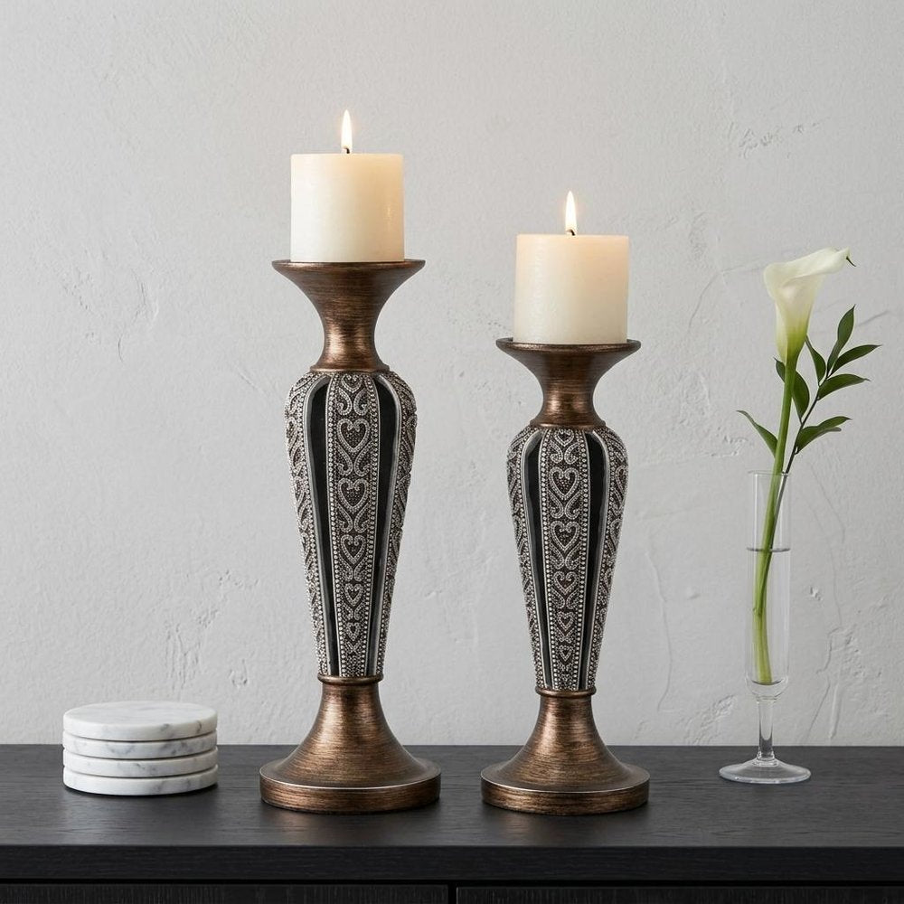 Set of Two Bronze and Silver Polyresin Hearts Centerpiece Pillar Candle Holders With Candle