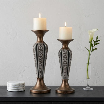 Set of Two Bronze and Silver Polyresin Hearts Centerpiece Pillar Candle Holders With Candle