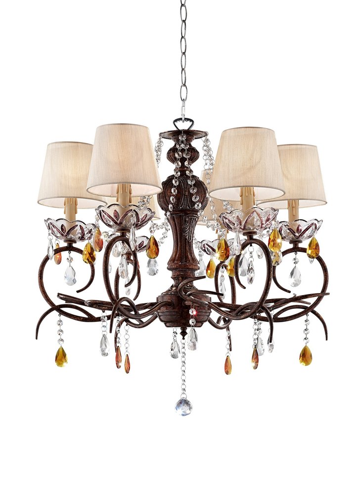Brown And White Shaded Four Light Metal and Crystal Glass Chandelier With White Shades