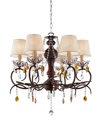 Brown And White Shaded Four Light Metal and Crystal Glass Chandelier With White Shades