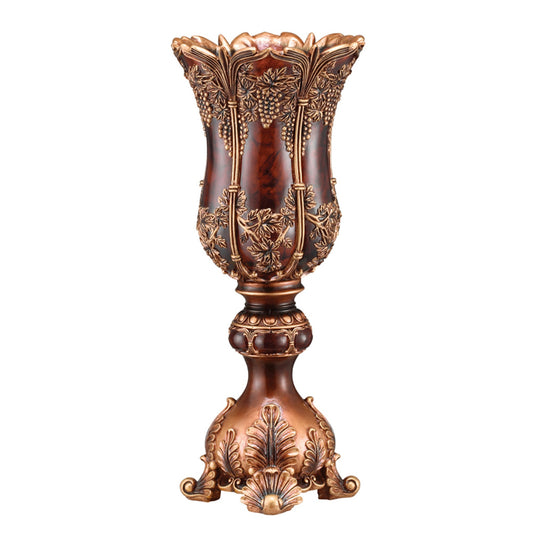 20" Brown and Red Floral Urn Polyresin Table Vase With Sculptural Details