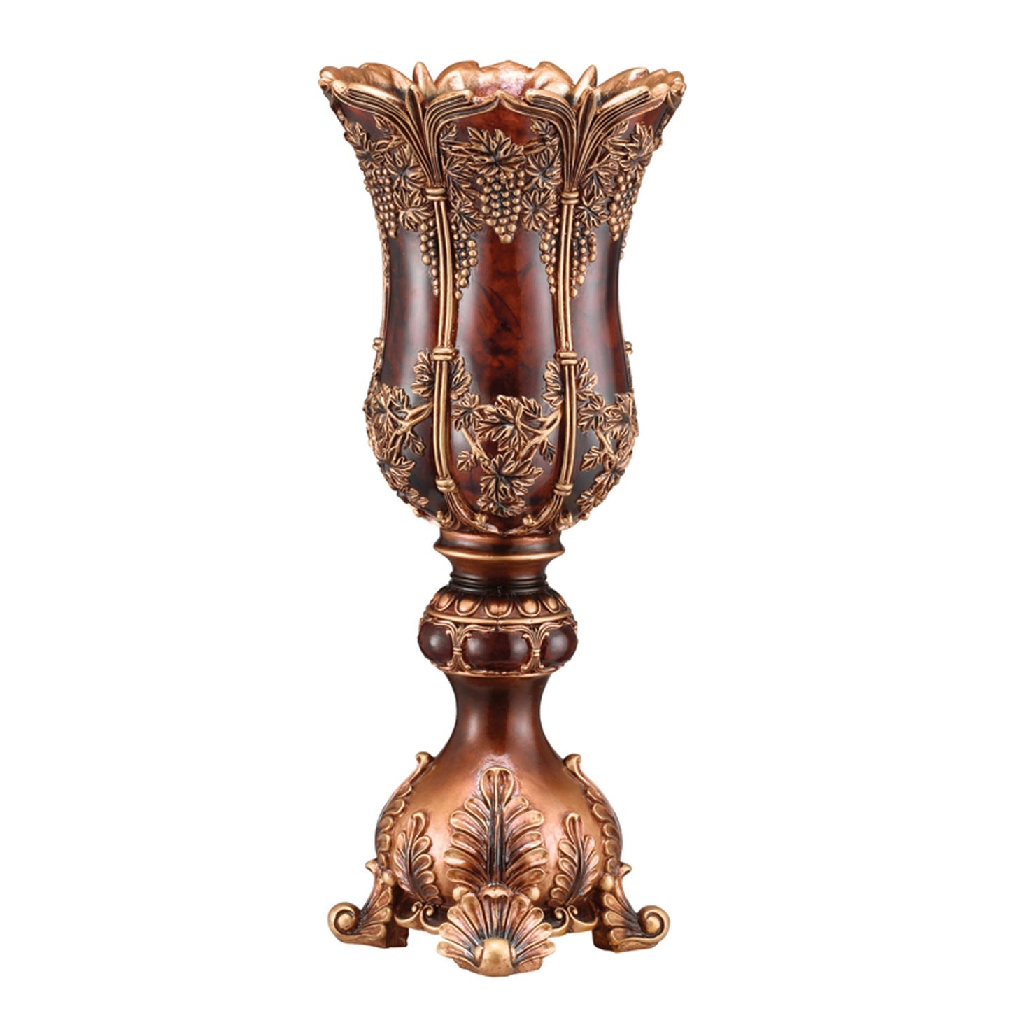 20" Brown and Red Floral Urn Polyresin Table Vase With Sculptural Details