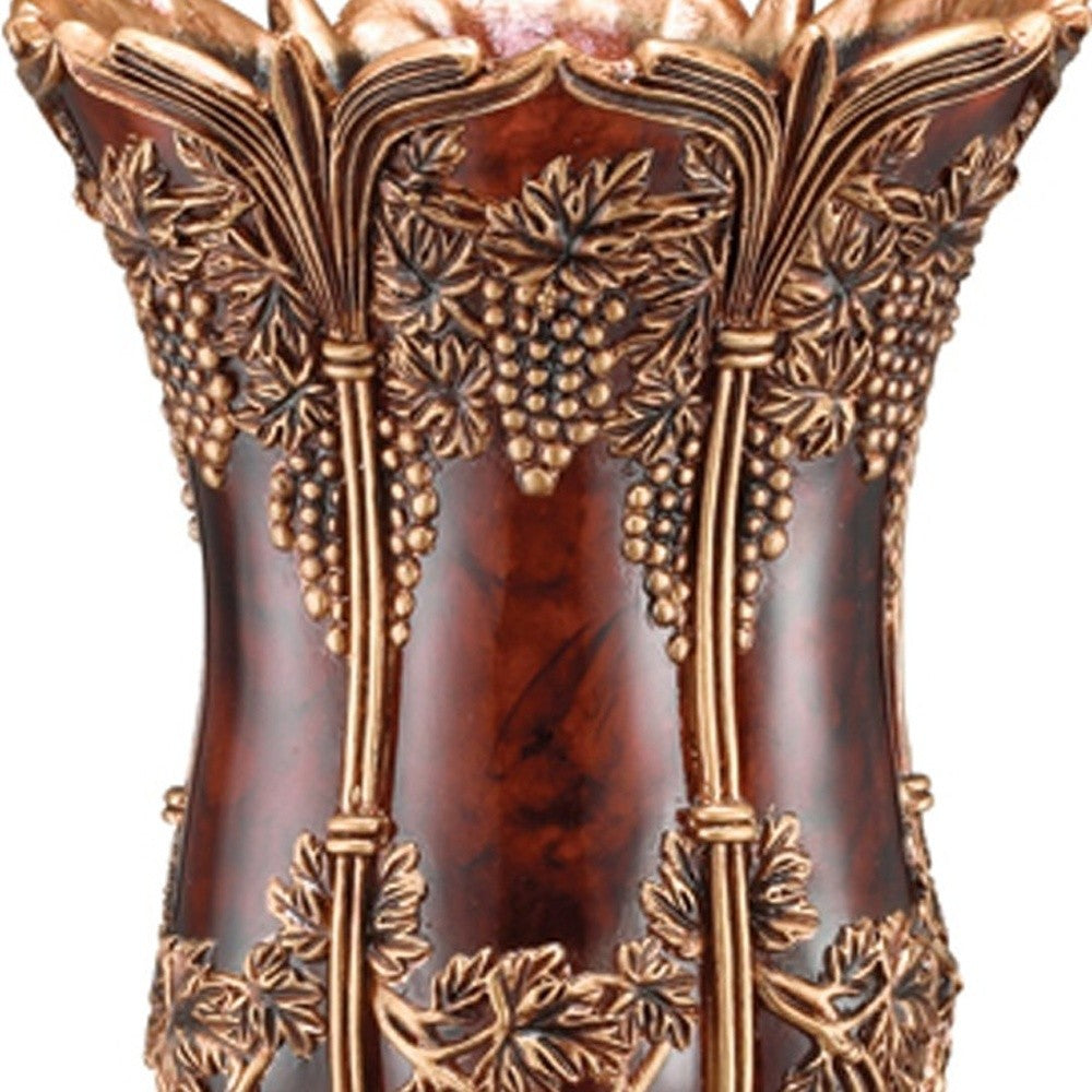 20" Brown and Red Floral Urn Polyresin Table Vase With Sculptural Details