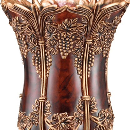 20" Brown and Red Floral Urn Polyresin Table Vase With Sculptural Details