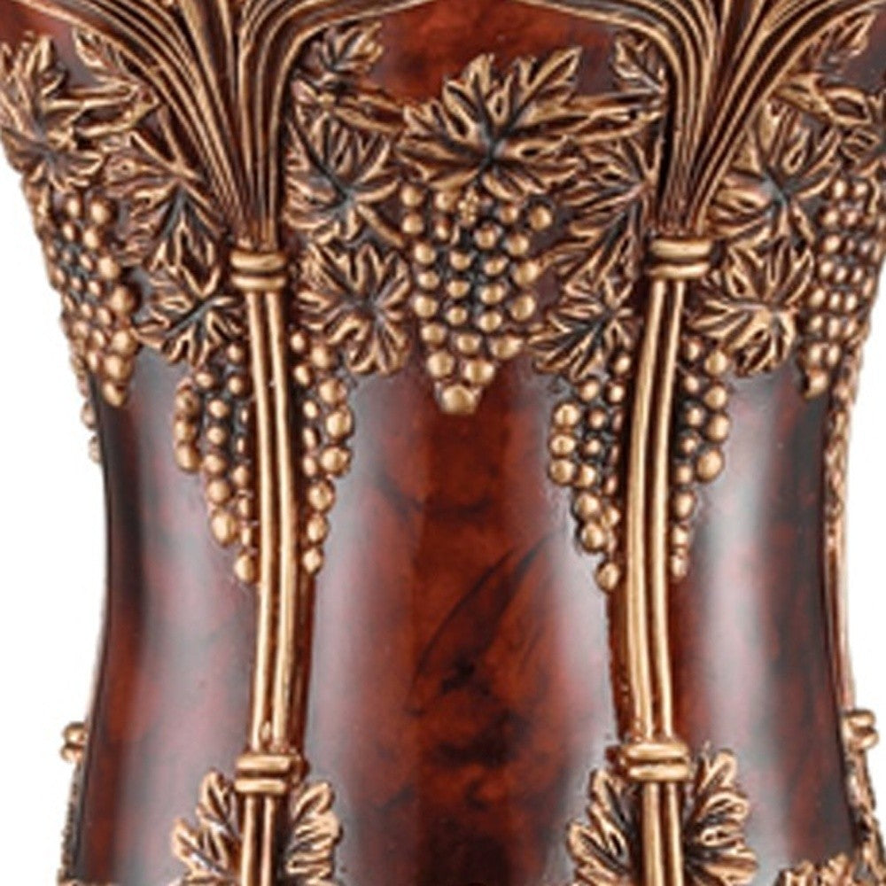 20" Brown and Red Floral Urn Polyresin Table Vase With Sculptural Details