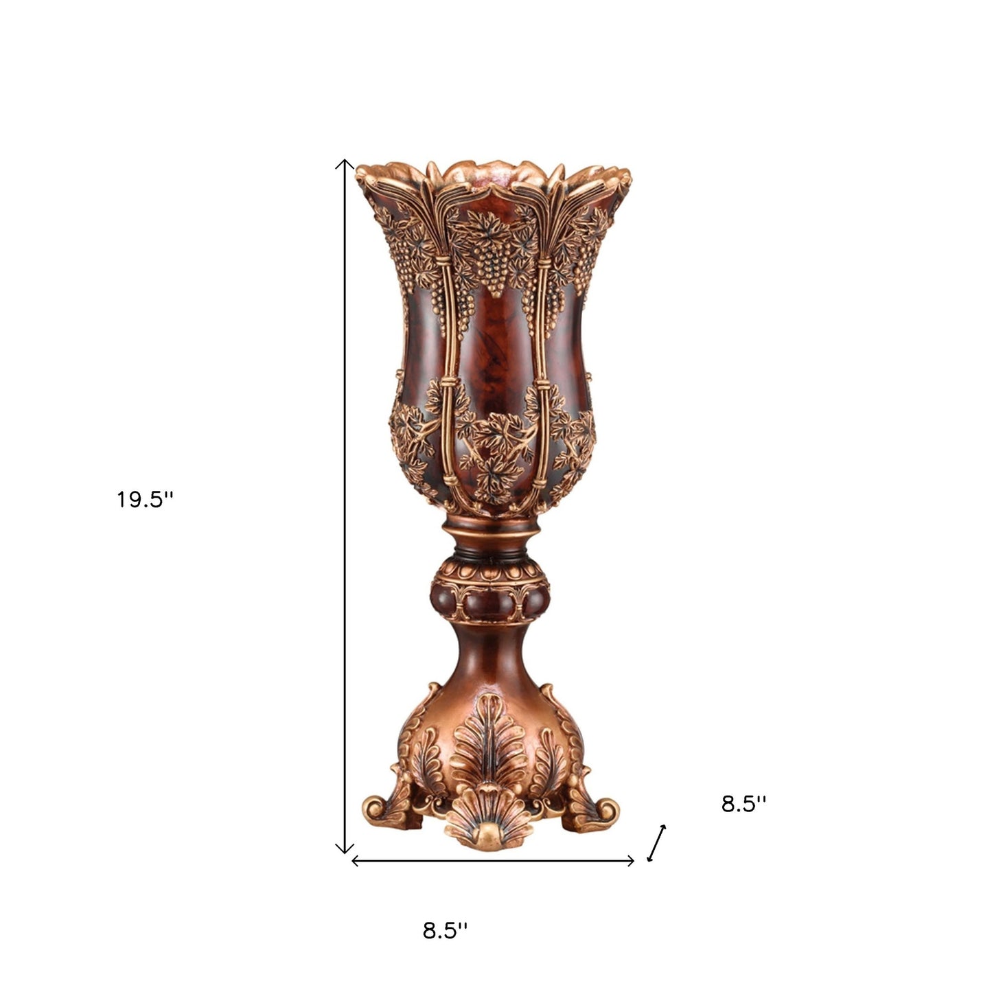 20" Brown and Red Floral Urn Polyresin Table Vase With Sculptural Details