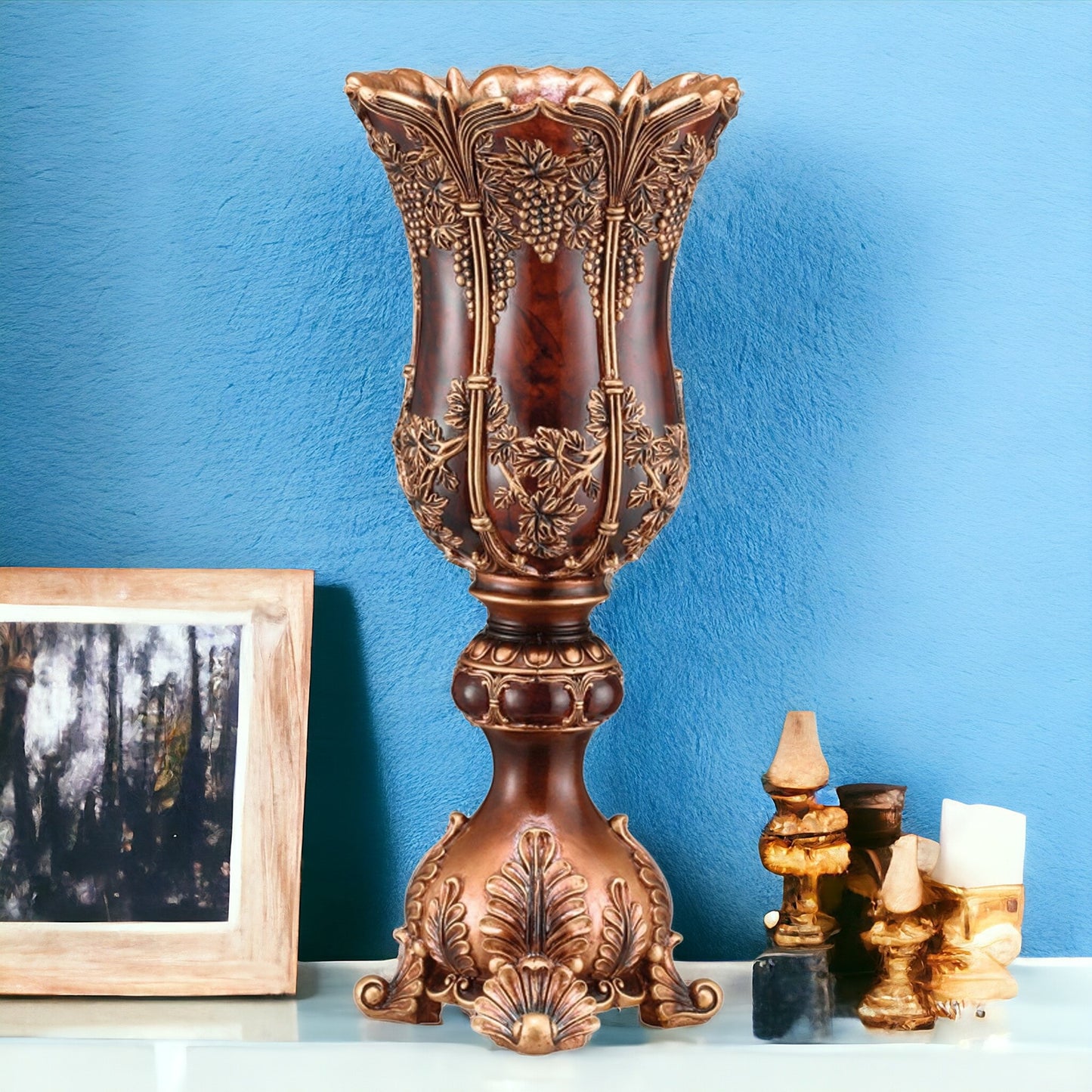 20" Brown and Red Floral Urn Polyresin Table Vase With Sculptural Details