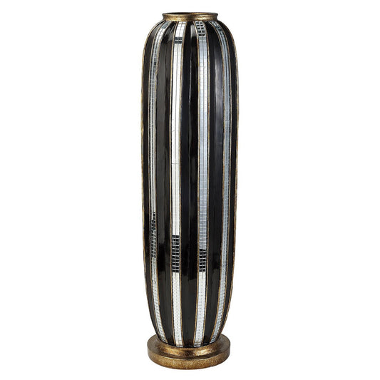 21" Black and Silver Striped Cylinder Polyresin Floor Vase