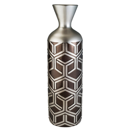 22" Brown and Silver Geometric Cylinder Polyresin Floor Vase