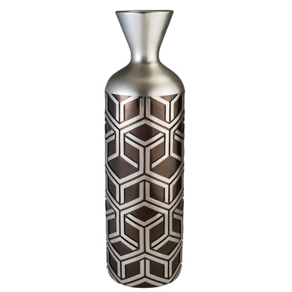 22" Brown and Silver Geometric Cylinder Polyresin Floor Vase