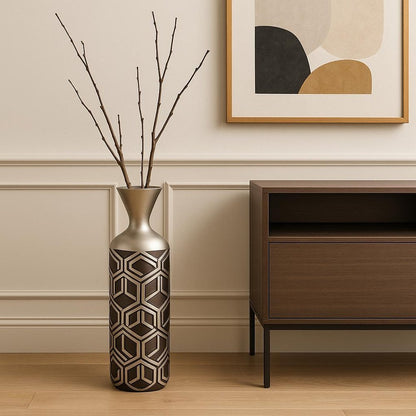 22" Brown and Silver Geometric Cylinder Polyresin Floor Vase