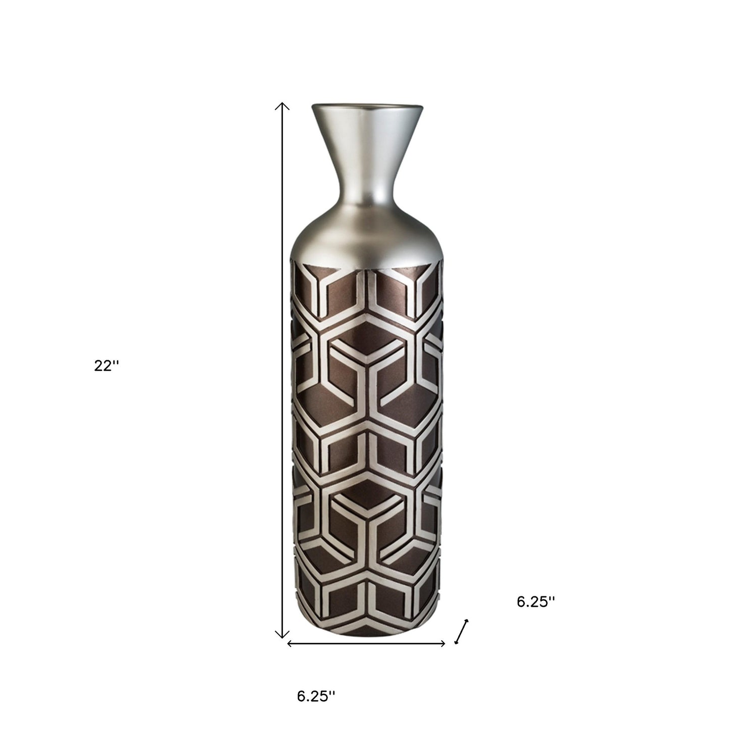 22" Brown and Silver Geometric Cylinder Polyresin Floor Vase