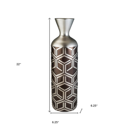 22" Brown and Silver Geometric Cylinder Polyresin Floor Vase