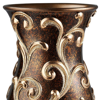 20" Espresso and Gold Floral Urn Polyresin Table Vase