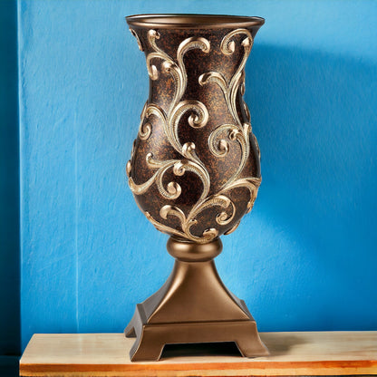 20" Espresso and Gold Floral Urn Polyresin Table Vase