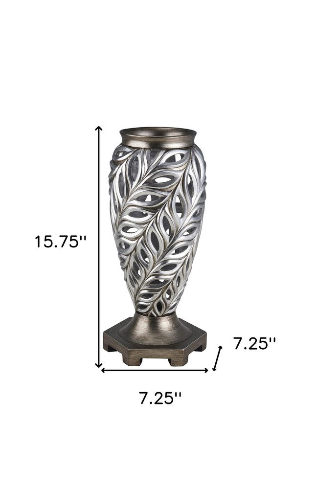 16" Gray and Silver Leaf Urn Polyresin Table Vase