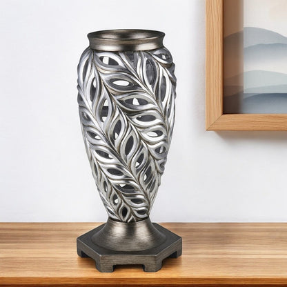 16" Gray and Silver Leaf Urn Polyresin Table Vase