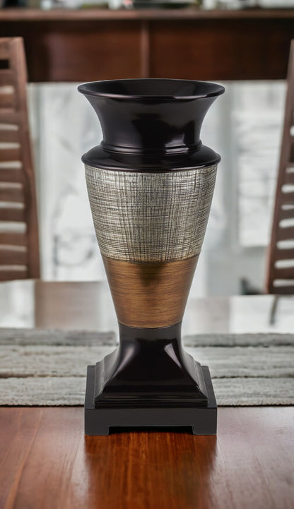 18" Espresso Silver and Gold Striped Urn Polyresin Table Vase