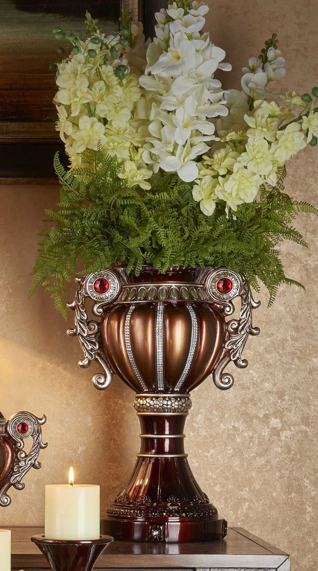 18" Bronze and Silver Floral Urn Polyresin Table Vase With Stones