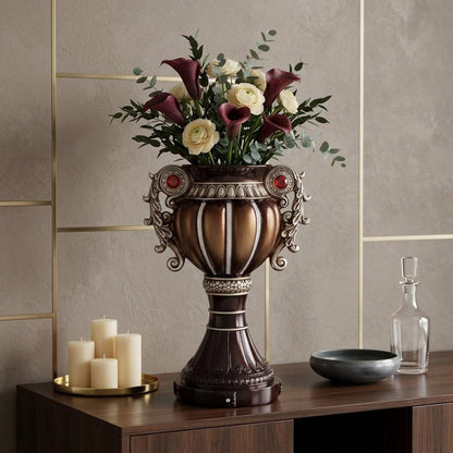 18" Bronze and Silver Floral Urn Polyresin Table Vase With Stones