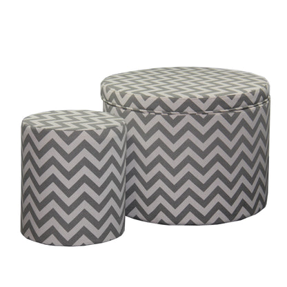 Set of Two Gray and White Polyester Blend Round Geometric Footstool Ottoman